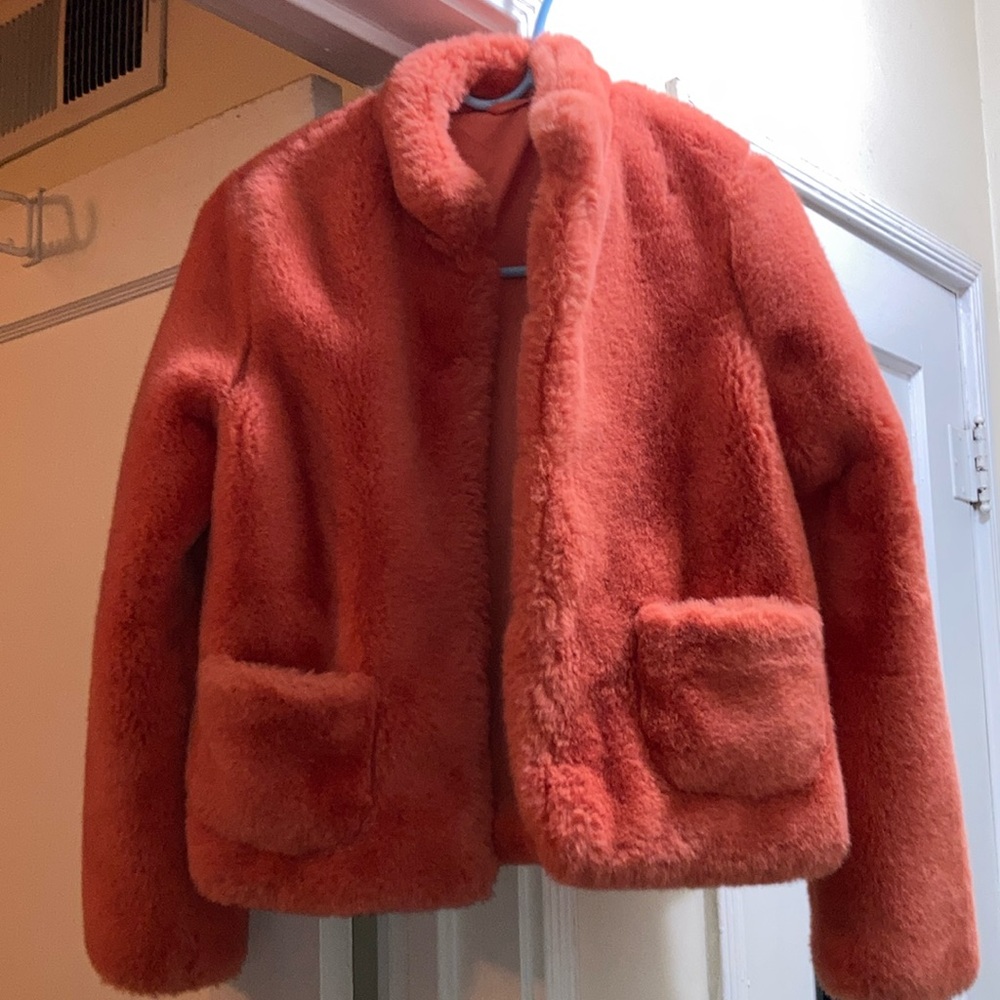 Anthropology dRA orange faux fur coat.